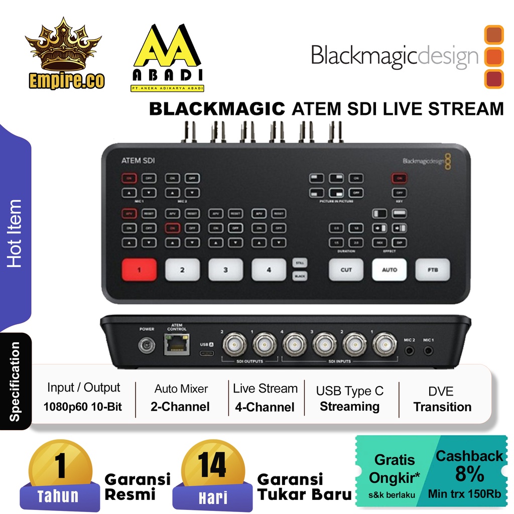 Blackmagic Design ATEM SDI - Mixeur Streaming 4 Entrées SDI - USB Webcam - Effets Live - Portable