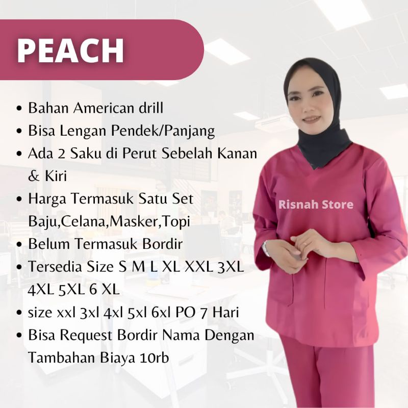 Baju Scrub Medis Seragam Perawat Oka Pria Wanita Lengan Panjang Pendek Terbaru Bahan American Drill 