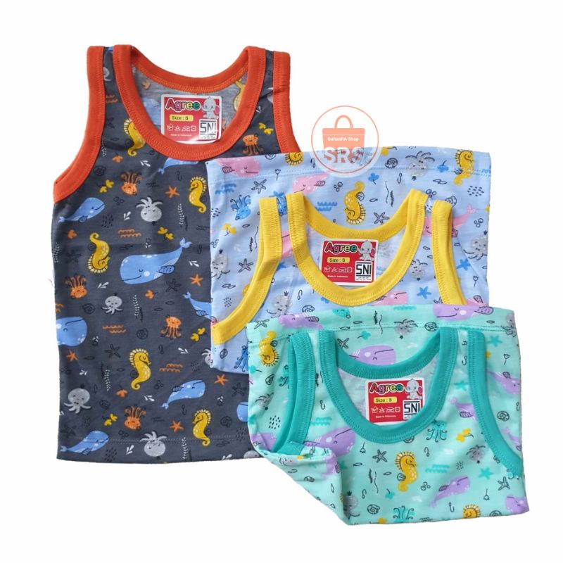 (3 Pcs) Singlet Caracter Bayi Agree  XL, L, M, S Kaos Singlet Balita, Anak, Baju Buntung Agree Kids Print