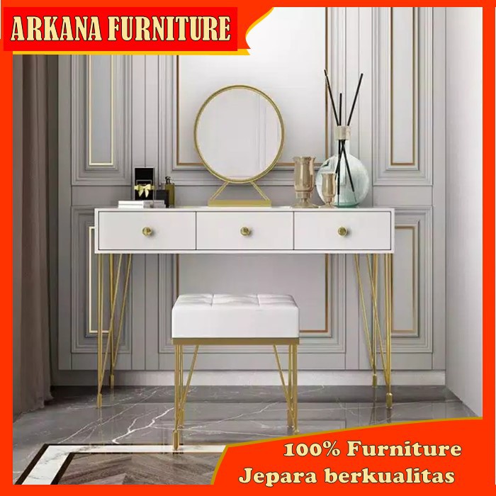 Set Tolet Meja Rias Make Up dandan Kosmetik Putih Minimalis Murah Estetik 2 Laci Sliding Jepara