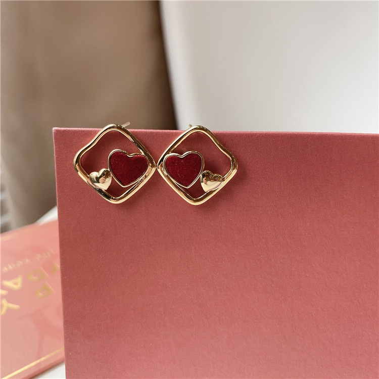 Anting Tusuk Sterling Silver 925 Desain Hati Merah Gaya Korea Elegan Untuk Wanita