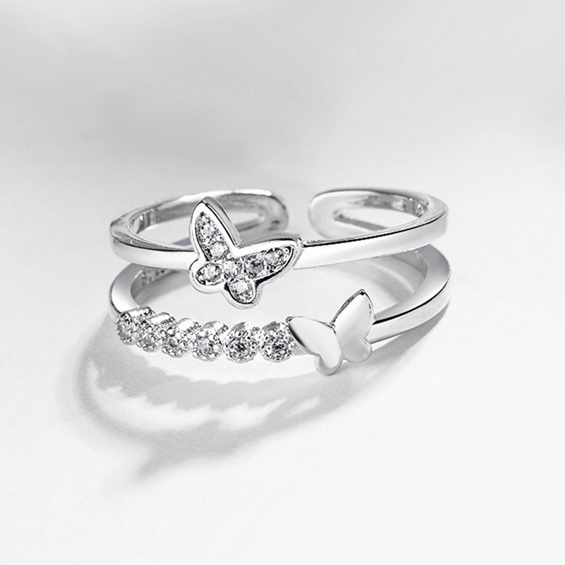 Fancyqube Cincin Sterling Silver 925 Model Terbuka Dapat Disesuaikan Bentuk Kupu-Kupu Bahan Cubic Zirconia Gaya Retro Butterfly