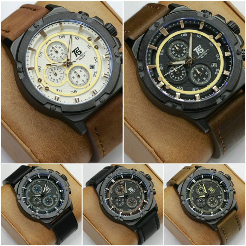 Jam Pria Merek T5 H-3478 / Jam T5 kulit Chrono original