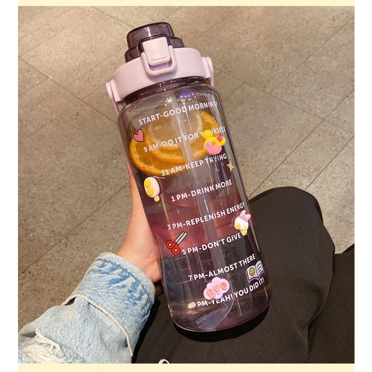 ((READY)) BAKUL UNIK - YIBEN Botol minum pastel jumbo 2L seperti Quifit / botol transparant bening tumbler 2 liter-Ungu bening