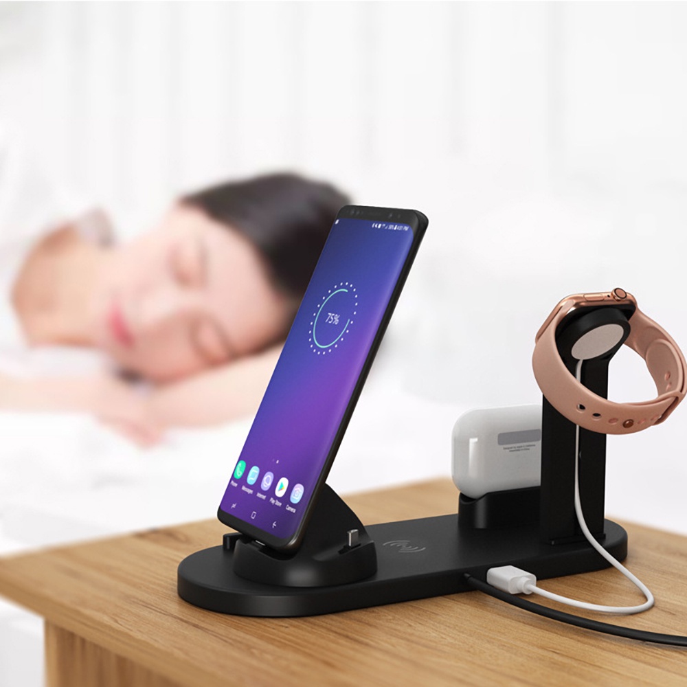 6 in 1 Wireless Charger Dock 15W Fast Charge untuk Apple Watch Airpods Charger/Samsung iPhone Wireless Charging Micro USB Type C Phone Holder