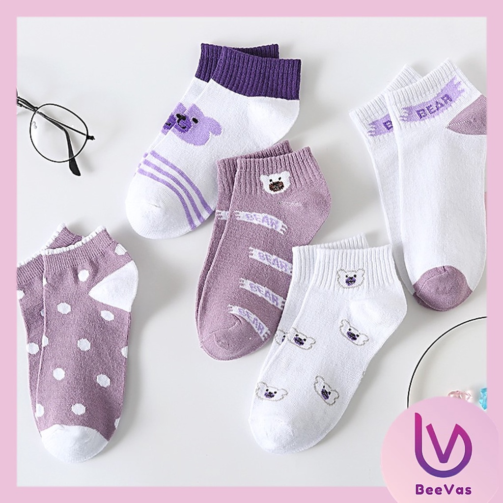 BV.ID •KK807 Kaos Kaki Wanita Motif Beruang Ungu Pendek Fashion Korean Unisex Semata Kaki Purple Bear Socks Import Ankle