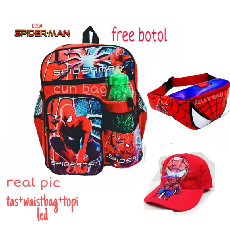 tas anak spiderman gratis topi led+waistbag tas slempang spiderman