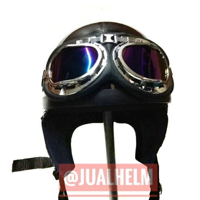 Helm Chips/Helm Vintage Black Glossy Dengan Kacamata Goggle