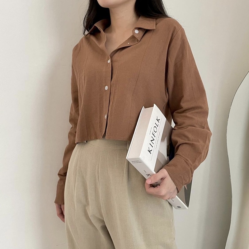 Ceya Top | Kemeja Crop Linen Lengan Panjang | Outer Crop Linen - Atasan Wanita 993-Brown