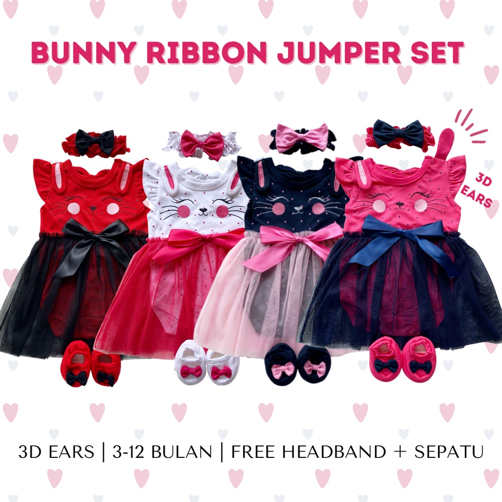 BUNNY RIBBON / MOMMY LITTLE PRINCESS jumper baby set (free sepatu + headband) jumper bayi set romper newborn cewek bayi perempuan karakter jumper newborn 0-12 bulan