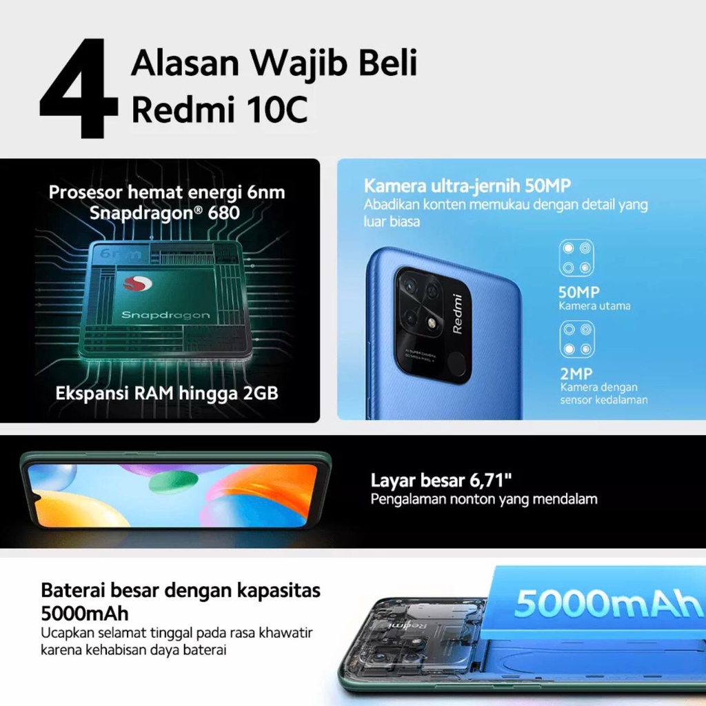 Xiaomi Redmi 10C [4GB+64GB - 4GB+128GB] Snapdrgon 680 - 50MP Dual Camera - 6.71&quot; IPS LCD - 5000mAh Garansi Resmi Xiaomi 15 Bulan