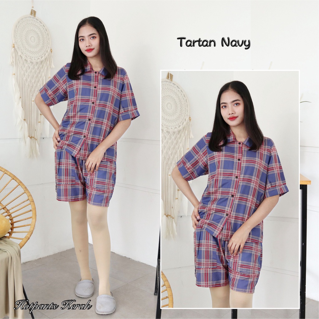 IZANY Piyama Dewasa Hotpant Lengan Balon / HP / Set Celana Pendek Dewasa banyak varian RAYON-TARTAN NAVY RA