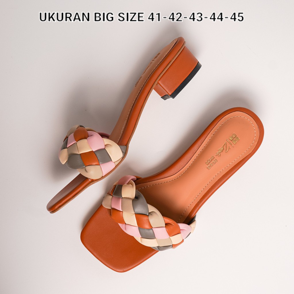 Sendal kepang wanita Hak Tahu 3cm Big size jumbo Tan