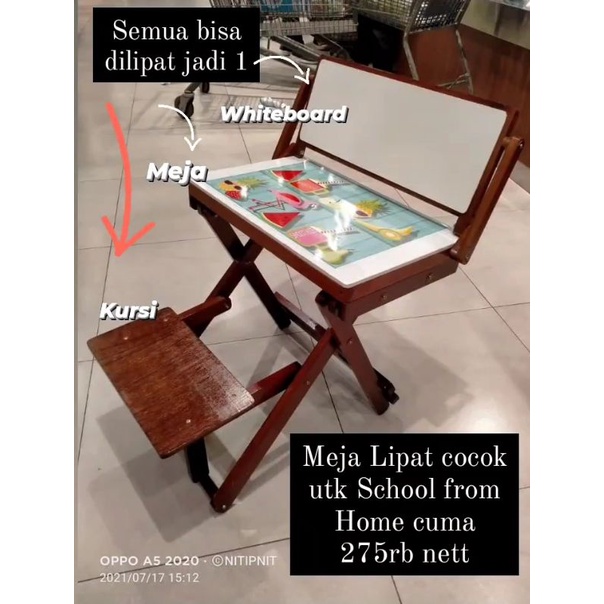 Meja Belajar Lipat Anak Bahan Kayu + Whiteboard + Bangku