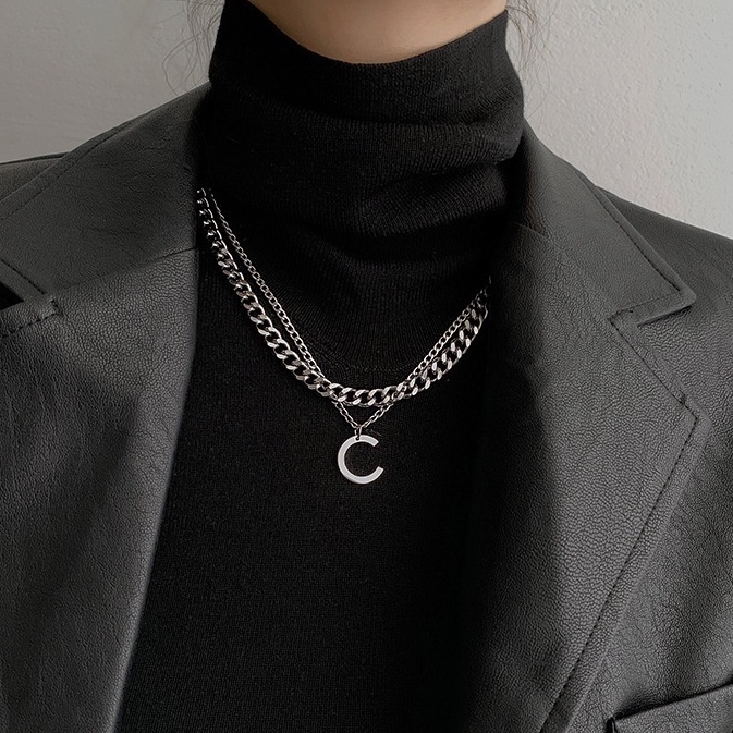 Kalung Rantai Panjang 2 Layer Wanita Inisial Huruf Bahan Stainless Steel Lapis Emas - Kalung Dua Lap