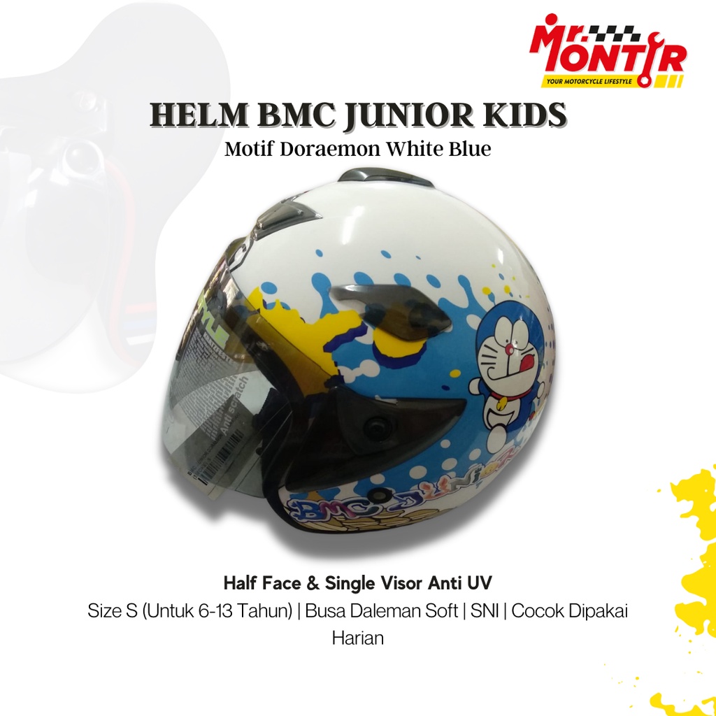 HELM ANAK SNI BMC JUNIOR KIDS KARAKTER/MOTIF DORAEMON WARNA PUTIH BIRU/WHITE BLUE UKURAN S COCOK UNT