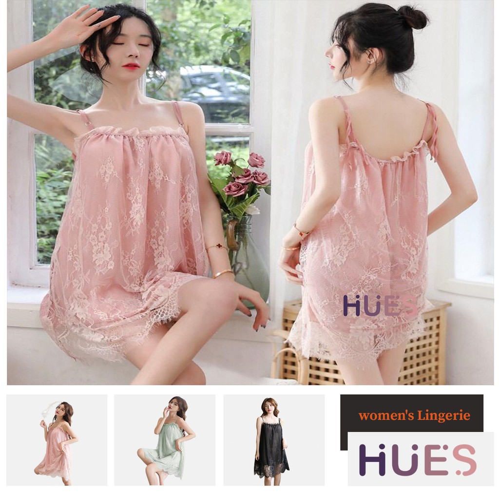 HUES.ID Lingerie Wanita Lace Baju Tidur Tanpa Lengan Gaya Korea 3017