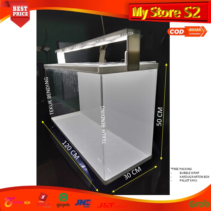 AQUARIUM ACRYLIC TANK BENDING BACKGROUND ALAS PUTIH 120X30X50 CM - PLUS LAMPU LED CONNECTOR ADAPTOR 