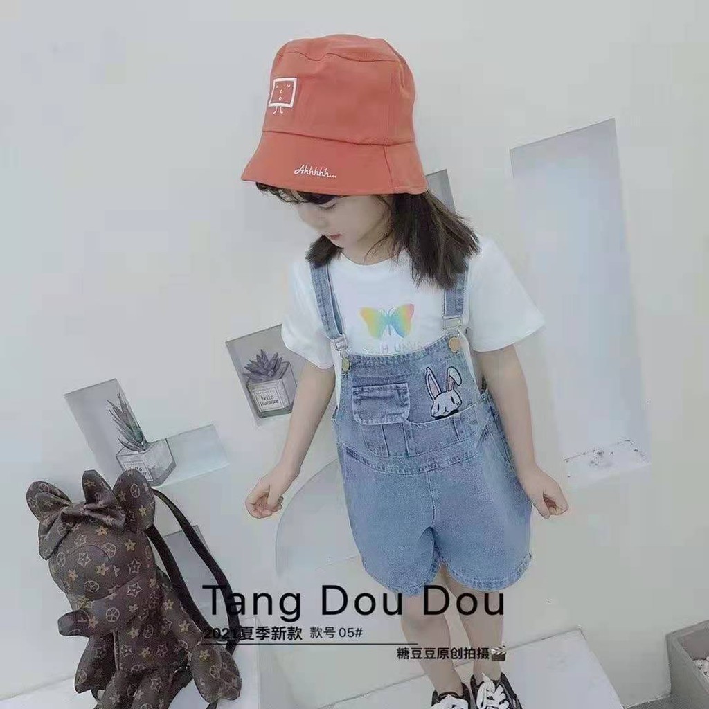 Setelan Overall Jeans Anak Perempuan Kaos Lengan Pendek Import Jumpsuits Jeans Anak Perempuan