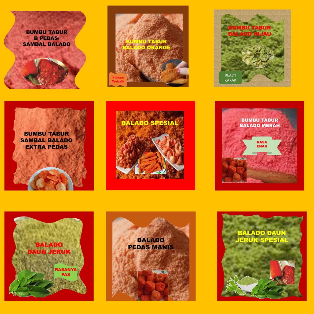 

Bumbu Tabur Aneka Rasa Balado 100 Gram Merah Hijau Extra Pedas Bumbu Tabur Balado Daun Jeruk Spesial Bumbu Tabur Asin Gurih Rasa Balado Bumbu Tabur Manis Bumbu Tabur Rasa Sambal Balado Extra Pedas Bumbu Tabur Murah PREMIUM HALAL