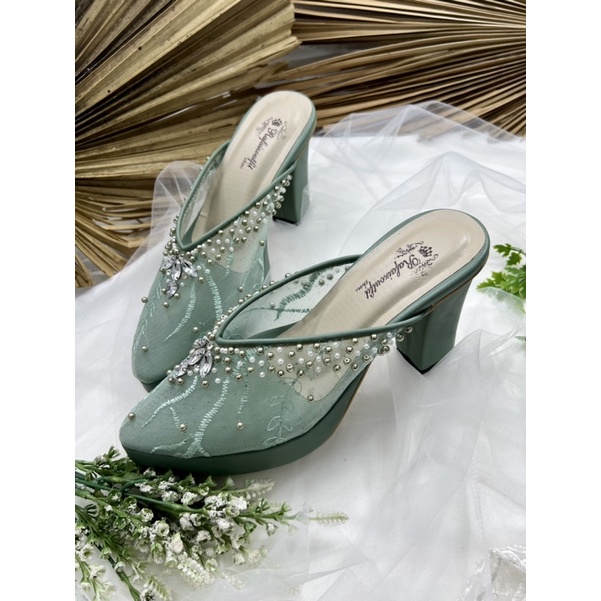 RafAiZoutfit sepatu wanita sepatu pesta wedding yohana sage green hells 9cm tahu