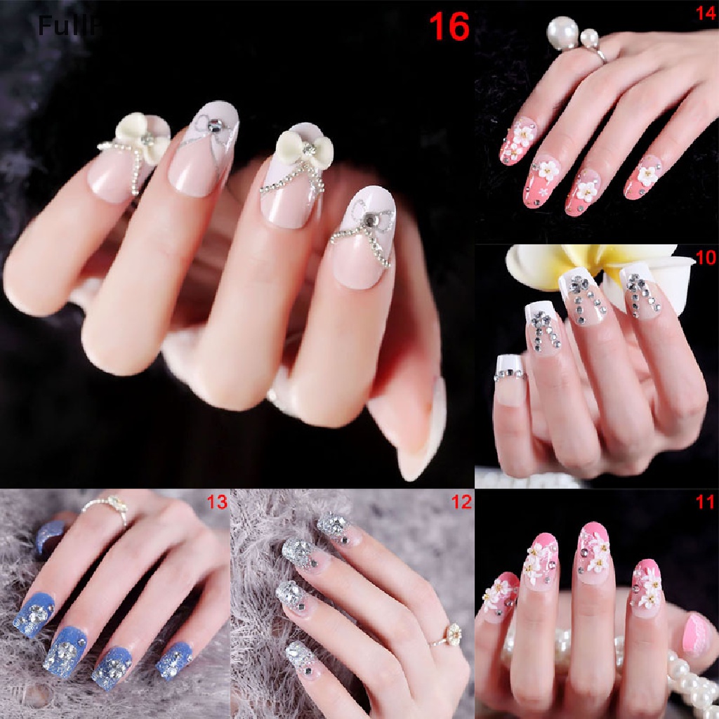 24pcs / Set Kuku Palsu Transparan Motif Bunga Aksen Manik-Manik Untuk Nail Art / Manicure Diy