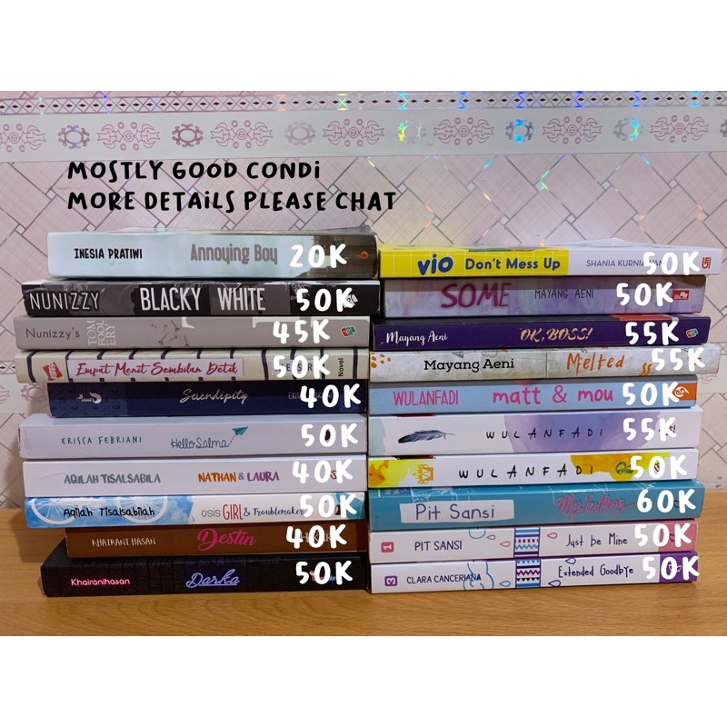 novel preloved murah tomfoolery, hello salma, nathan&laura, destin, darka, some, ok boss, melted, ma