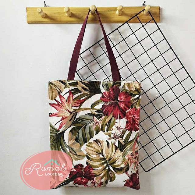 TOTEBAG MOTIF TERBARU KANVAS TEBAL MURAH | TK33.40 | Black Monstera TOTE