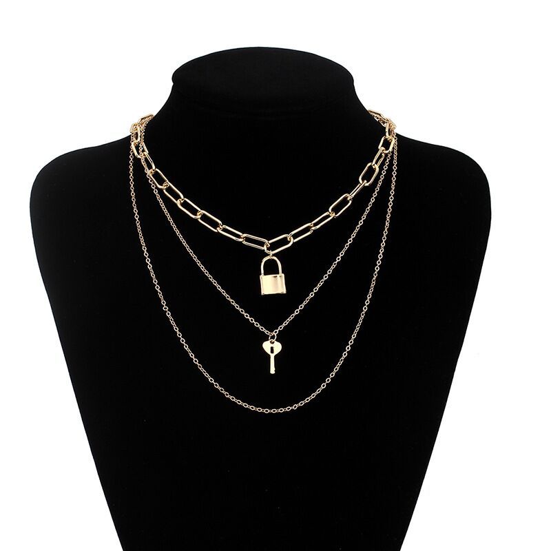 2pcs Kalung Rantai Multilayer Dengan Liontin Kuncigembok Geometris Bahan Alloy Untuk Wanita