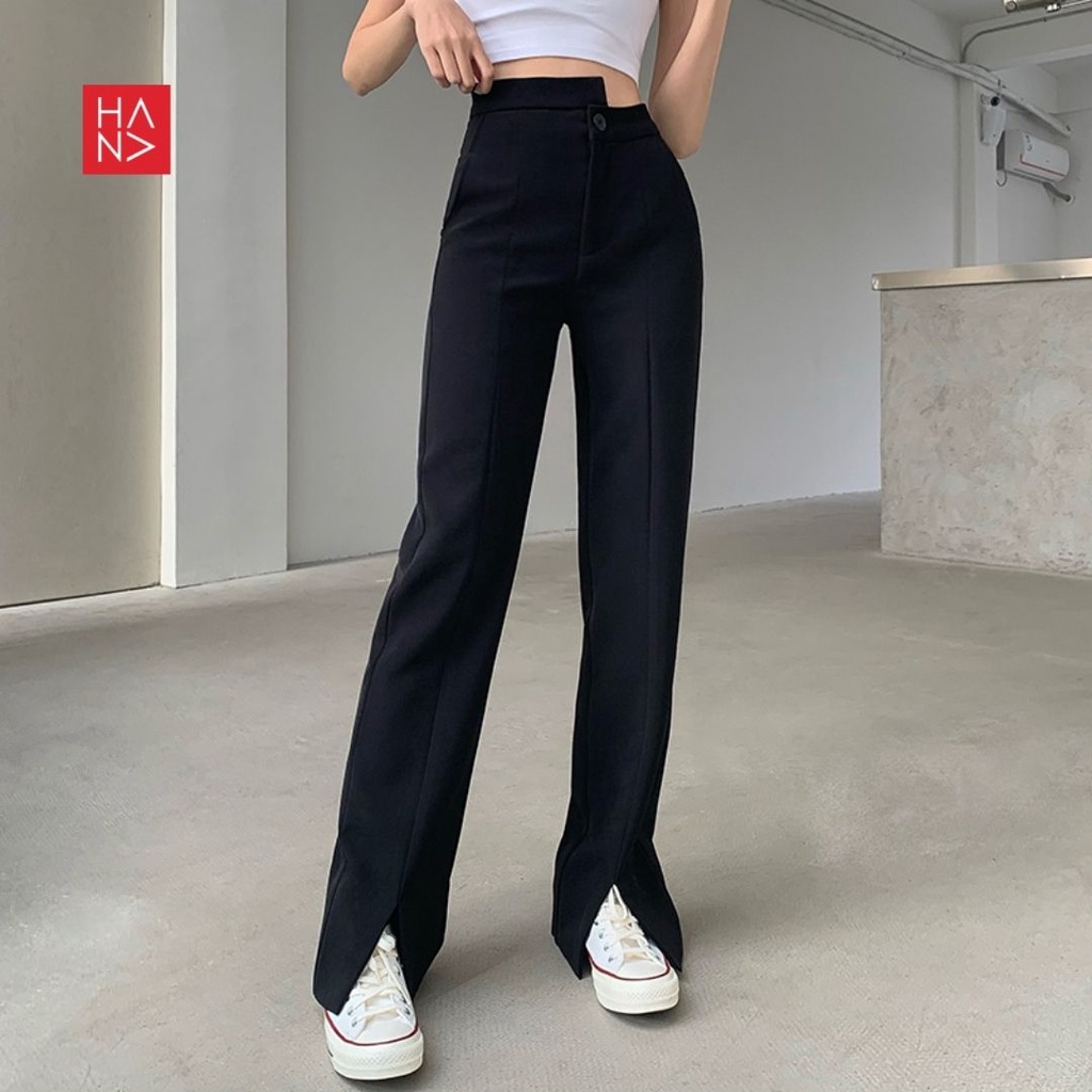 Hana Fashion - Yuri Irregular Button Highwaist Slit Pants Celana Panjang Wanita - LP139