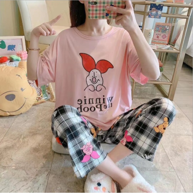 AJW Shop Baju Tidur Piyama Set 50 Motif | Setelan Wanita Import | Baju Tidur Wanita Dewasa | Piyama Wanita-Winnie-the-Piglet