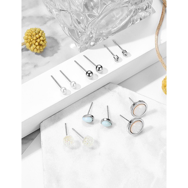 LRC Anting Set Fashion Silver Geometric Diamond Stud Earrings 6 Pairs F29800