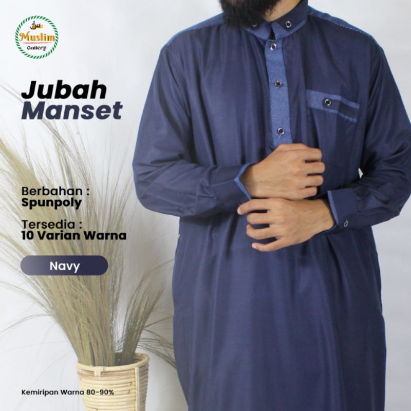 Baju Jubah Gamis Pria Lengan Panjang Model Saudi Bahan Katun Dengan Manset di Lengan-Navy