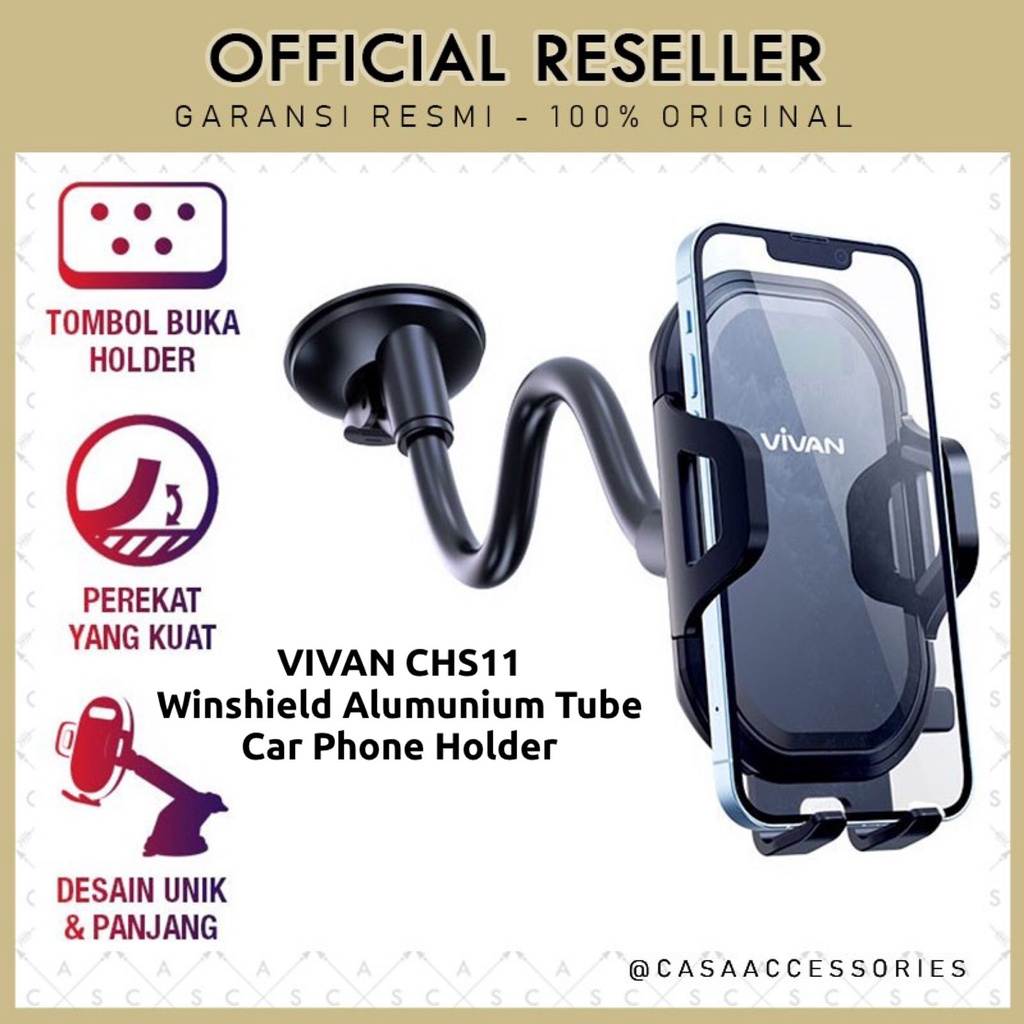 Vivan CHS11 Car Mount Phone Holder Alumunium Tube Automatic Kaca Depan