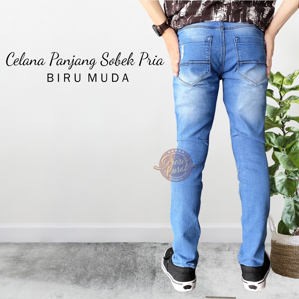 Celana Jeans Pensil Skinny Sobek Ripped Tembus Biru Wash Ukuran 27 - 32