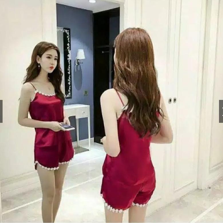 [PROMO GVP49] Trijaya . setelan tank top satin import / set tank top renda / baju tidur hotpant rend