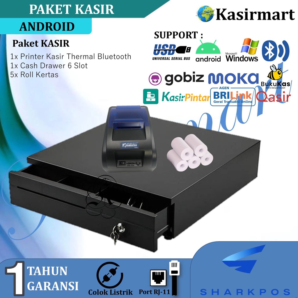 PAKET ALAT KASIR ANDROID - PRINTER BLUETOOTH - CASH DRAWER 6 SLOT- FREE KETAS THERMAL STRUK 5ROLL UL-400