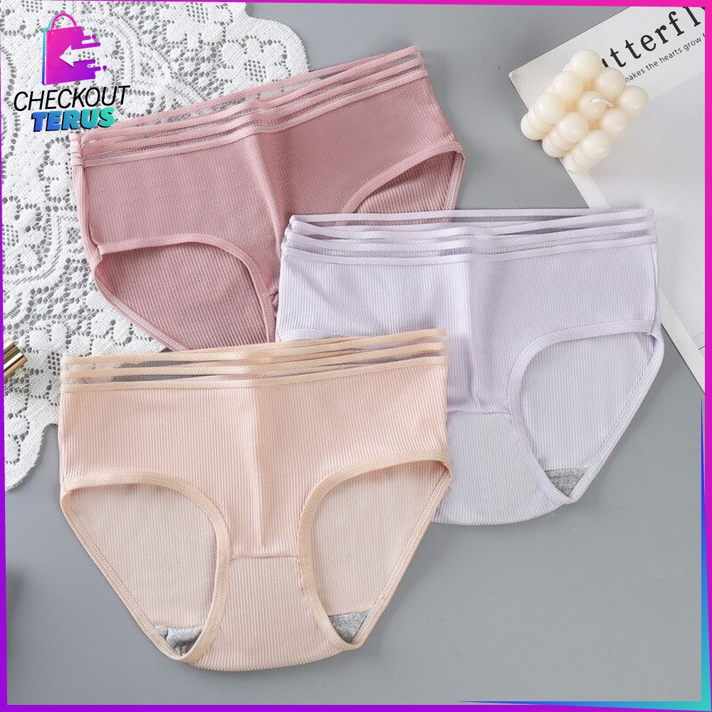 CT P126 Celana Dalam Wanita Garis Motif Polos Pakaian Dalam Wanita Panties Segitiga Impor