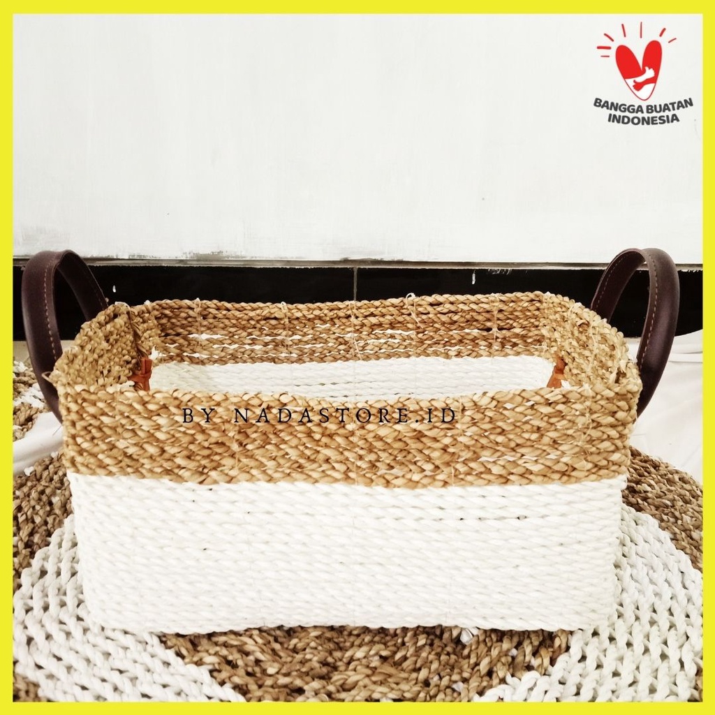 keranjang anyaman seagrass Banana Variasi Putih Dengan Handle / Hampers Box Handle Kulit Premium