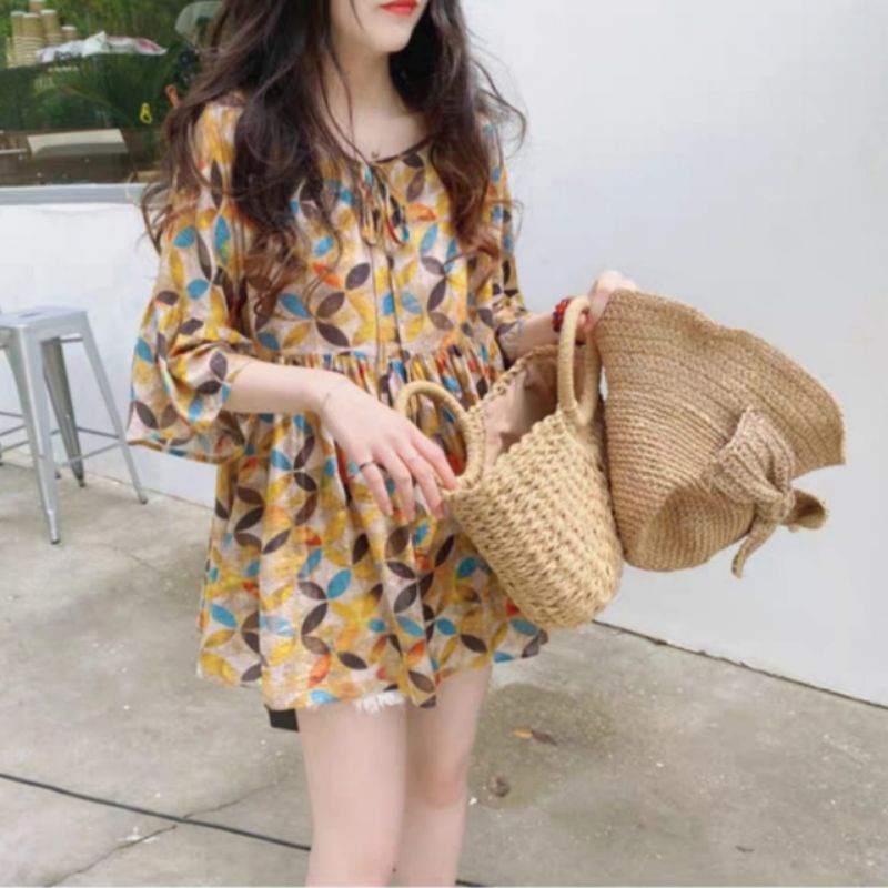 5078 Atasan Baju blus blouse kemeja lengan panjang motif mewah simpel ringan santai nyantai ada kanc