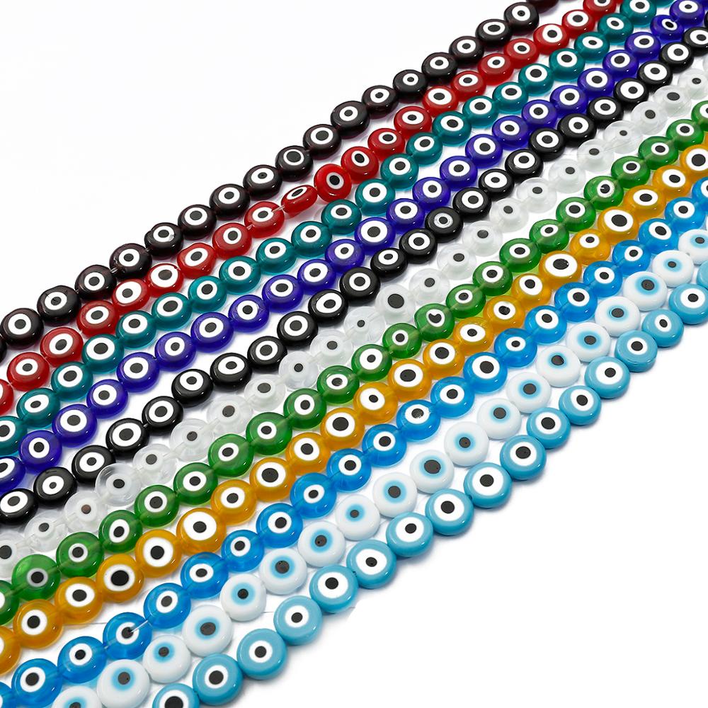 38-60 Pcs 6 8 10 Mm Bulat Datar Evil Eye Beads Lampwork Glazed Multicolor Glass Beads untuk Gelang Kalung DIY Membuat Perhiasan 35 Cm