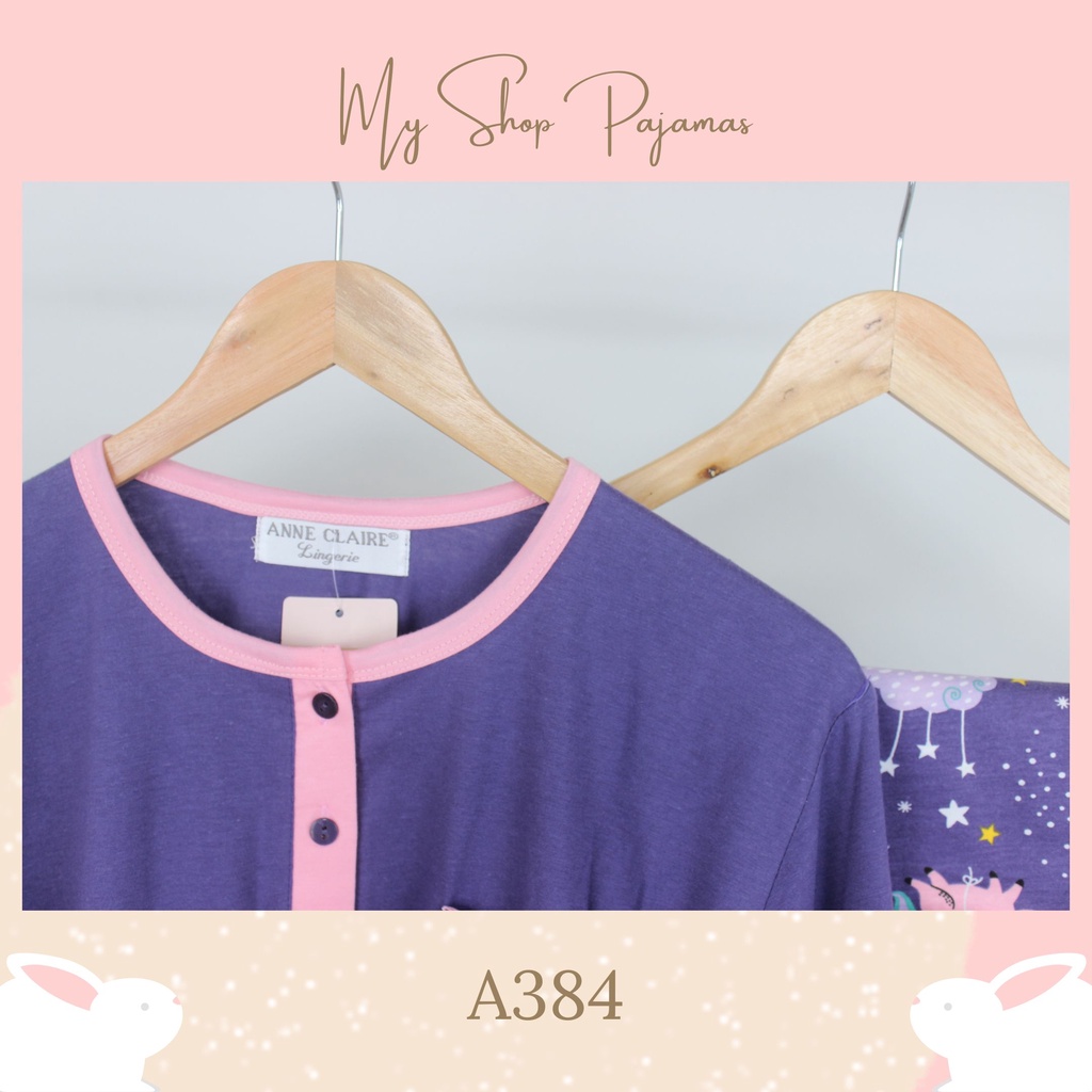 PIYAMA BABYDOLL SLEEPWEAR TANGAN LENGAN PENDEK CELANA PANJANG ANNE CLAIRE / BAJU PAKAIAN TIDUR SETELAN WANITA DEWASA PAJAMAS CP-A384 Ungu