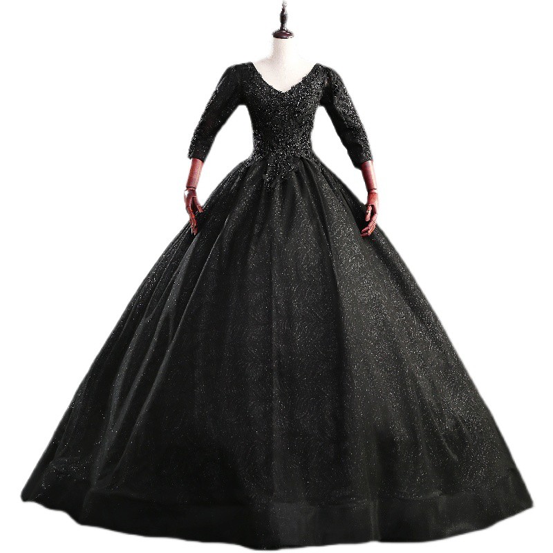 Gaun Pengantin 2107005 Hitam V Neck Lengan Siku Wedding Dress