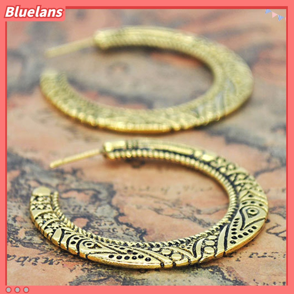 Anting Hoop Bentuk Lingkaran Besar Motif Ukir Gaya Vintage Tibet Untuk Wanita