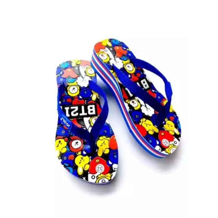 Sandal anak perempuan d'noir/sandal wedges anak plat pelangi motif bt21