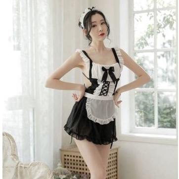 PREMIUM Sexy Cosplay Lingerie Maid Set Ribbon Setelan Seragam Pelayan Waitress Pita