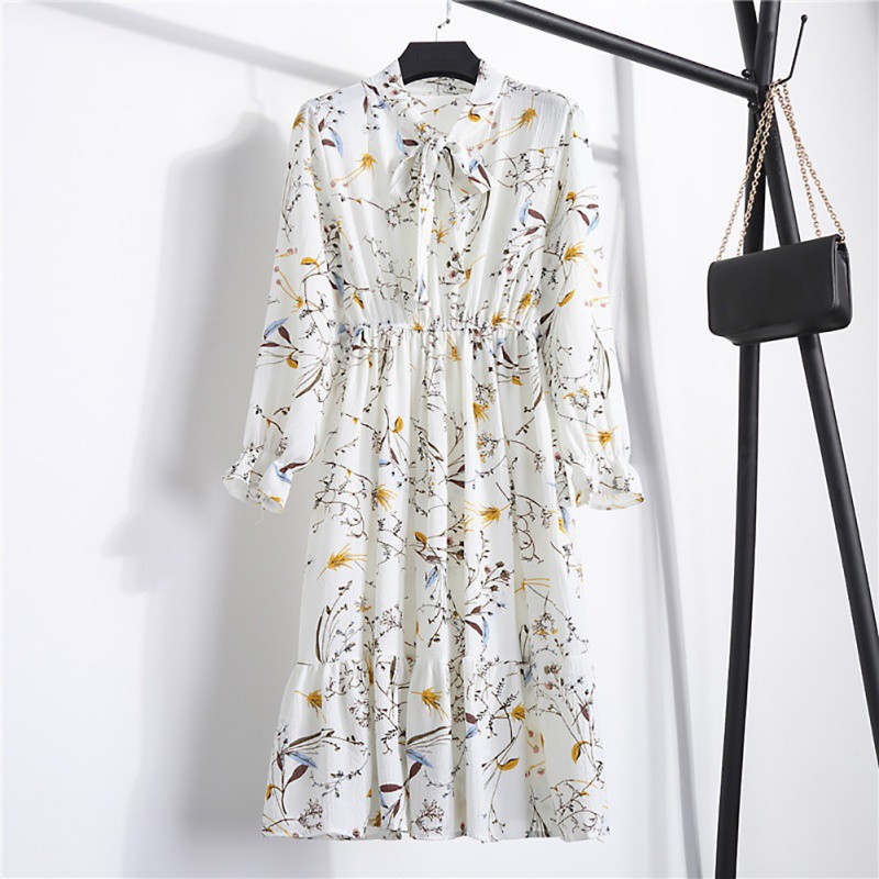 Dress Lengan Panjang dengan Motif Print Floral Elegan, Gaya Korea