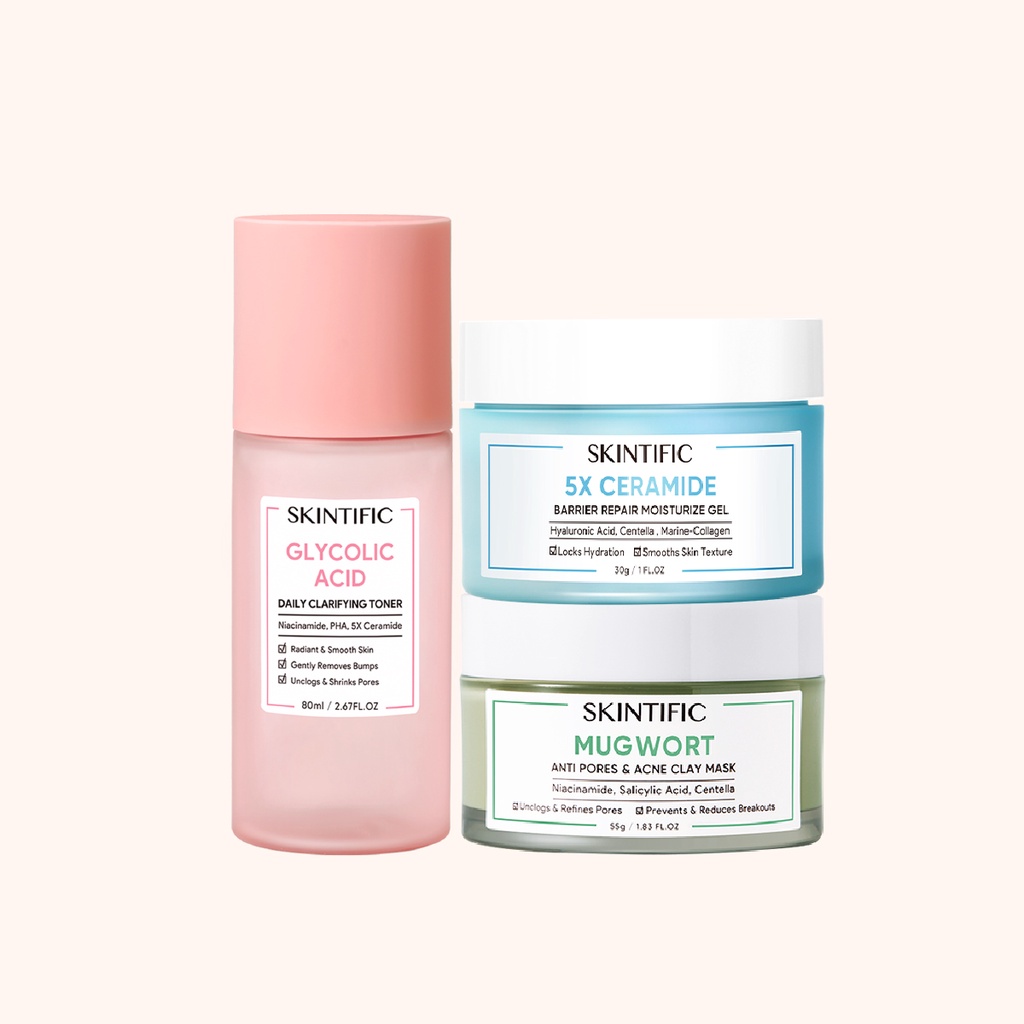 【Skintific Outlet Official】3 pcs Daily Anti-Acne Set | 5% Ceramide Barrier  Moisture Gel 30g Moisturizer Pelembab Wajah + Mugwort Anti Pores &amp; Acne Clay Mask 55g Mud Mask Wash Off Mask Masker Wajah + Glycolic Acid Daily Clarifying Toner 80ml