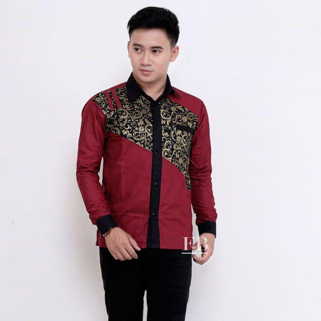 Merah Bk Batik Hrb026 Kenongo Kemeja Batik Pria Lengan Panjang Trolistore Kgk Atasan Batik Slimfit