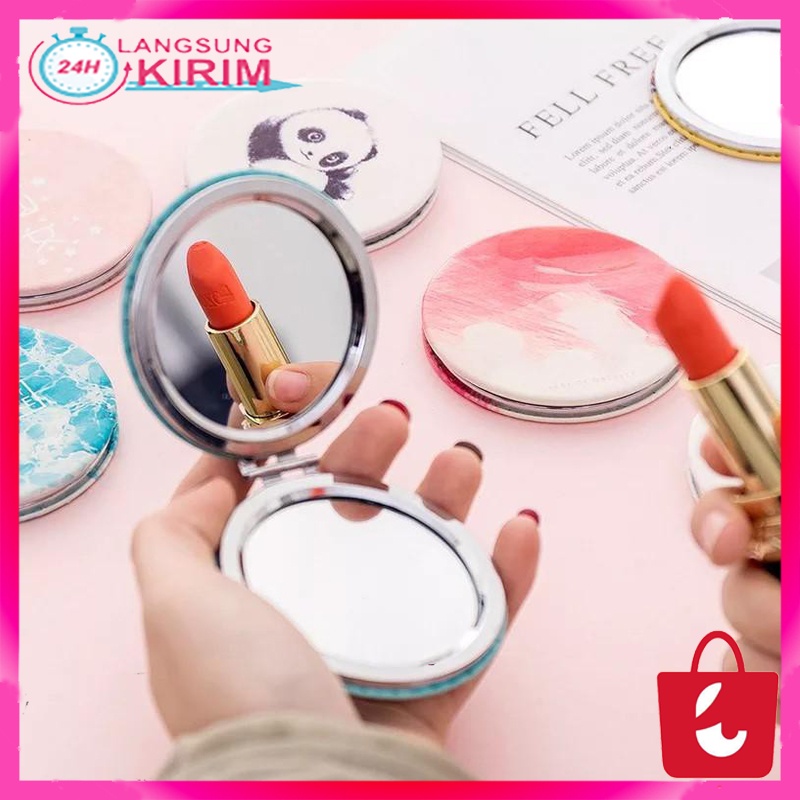 [Promosi Terbaru] Cermin Saku Kaca Rias Makeup Lipat Double Slide Leather Small Kotak Mini Dua Sisi Portable